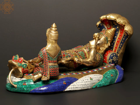 23" Shesha-Shayi Lord Vishnu Brass Statue with Inlay Work