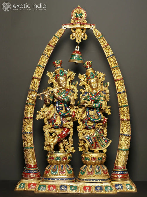 45" Radha-Krishna Brass Statue with Krishnaleela Aureole