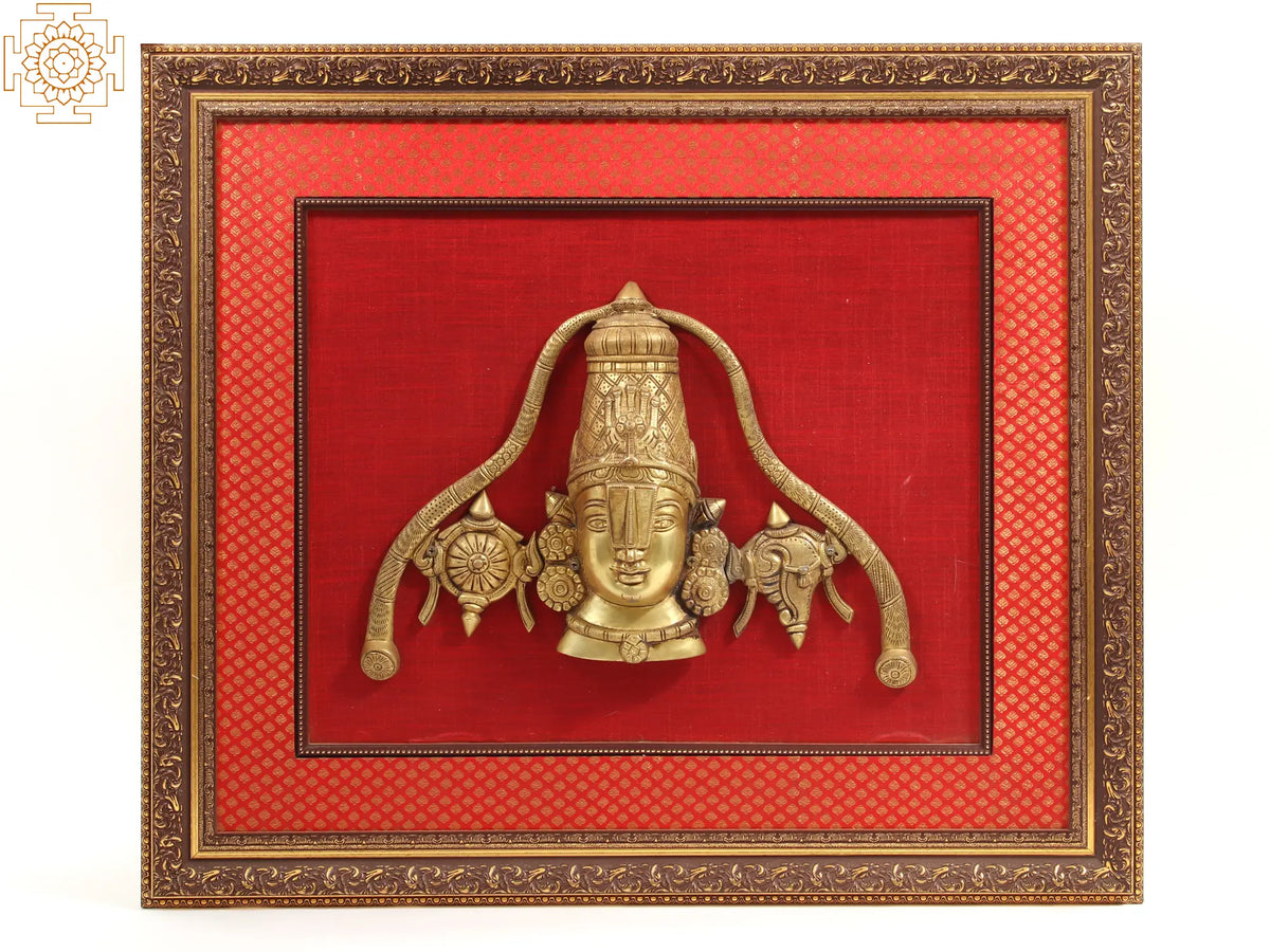 29" Wooden Framed Lord Balaji Idol with Shanka & Chakra | Wall Hanging