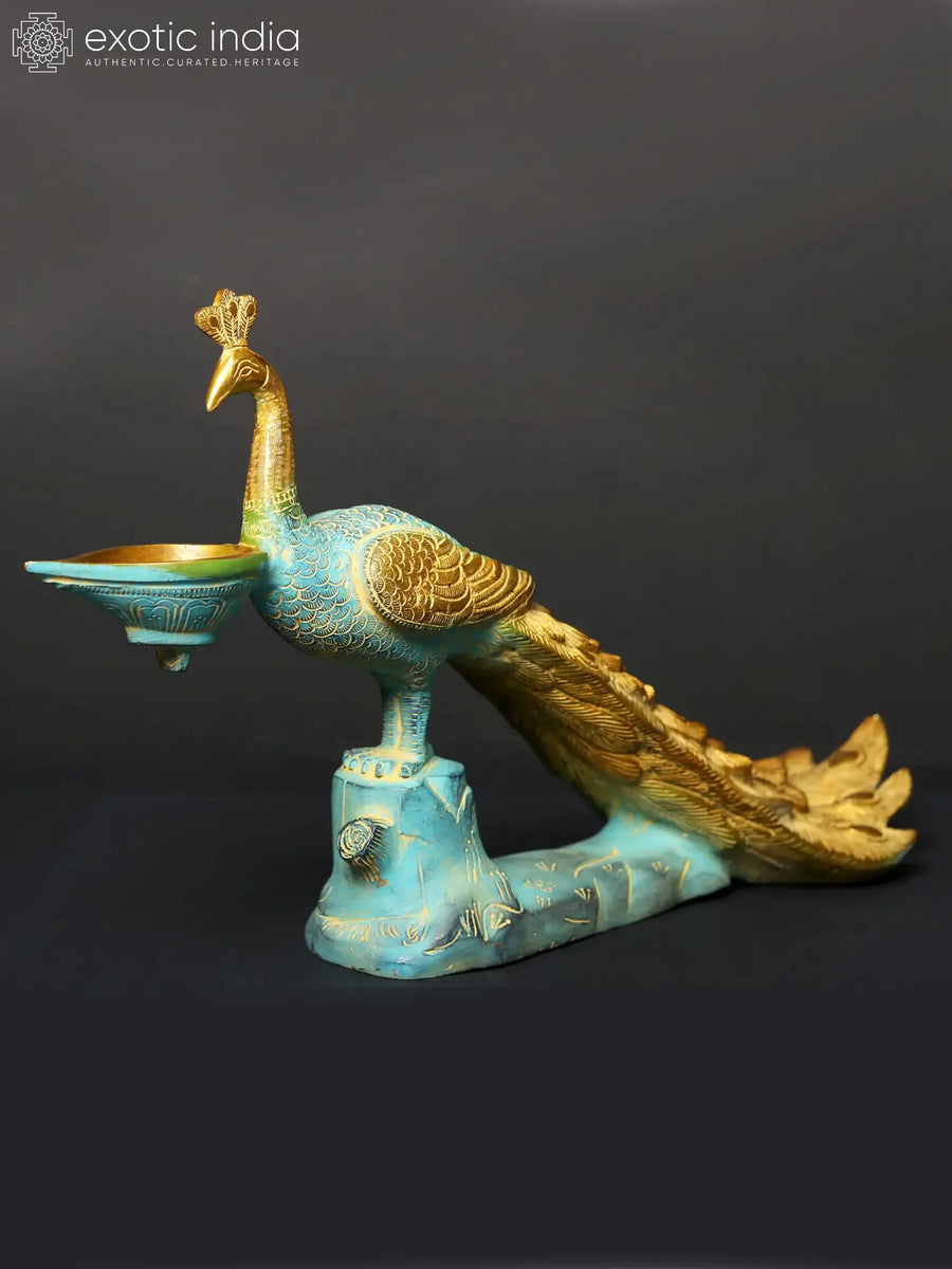 16" Brass Peacock Oil Lamp Statue for Home Decor