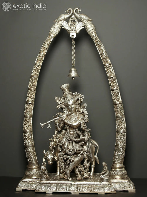 45" Large Brass Krishna and Cow Statue with Krishnaleela Episodes