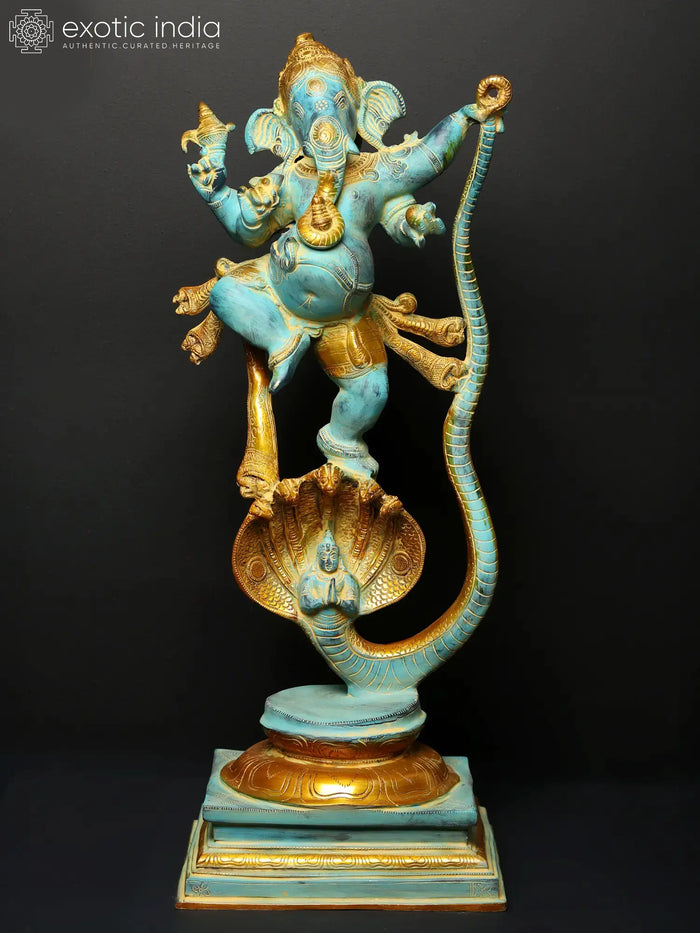 27" Brass Lord Ganesha Single-Tusked Serpent Statue