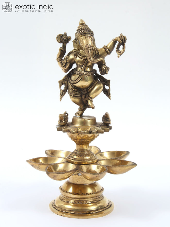 12" Brass Nritya Ganesha Statue with Seven Wicks Oil Lamp