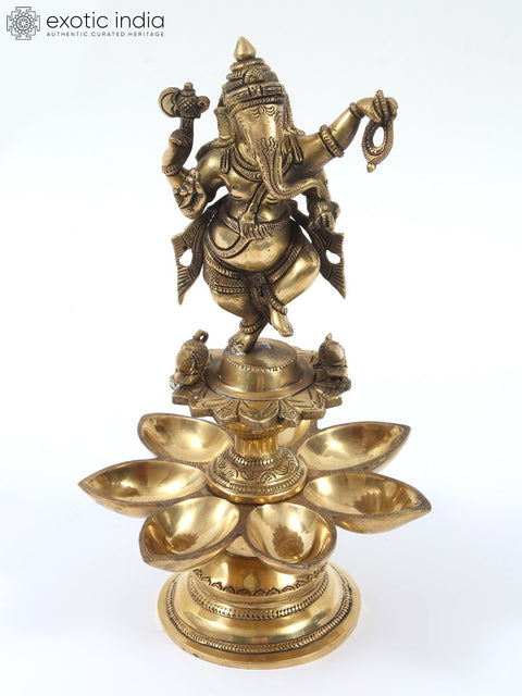 12" Brass Nritya Ganesha Statue on Seven Wicks Oil Lamp