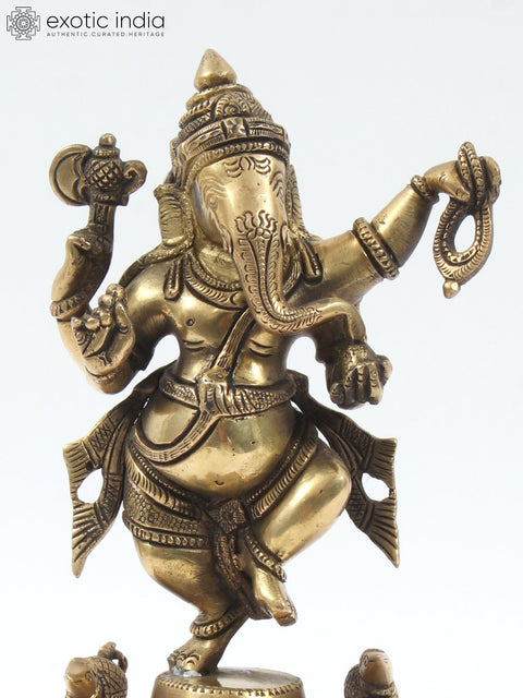 12" Brass Nritya Ganesha Statue on Seven Wicks Oil Lamp