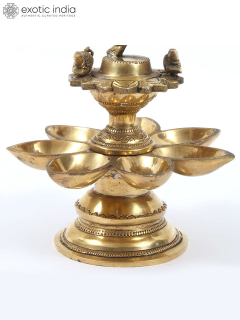 12" Brass Nritya Ganesha Statue on Seven Wicks Oil Lamp