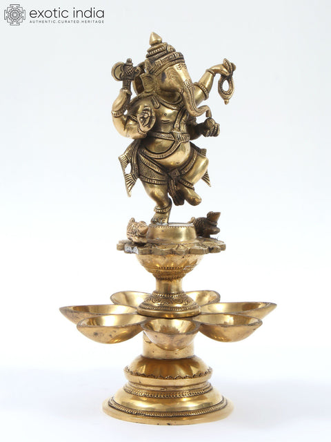 12" Brass Nritya Ganesha Statue on Seven Wicks Oil Lamp