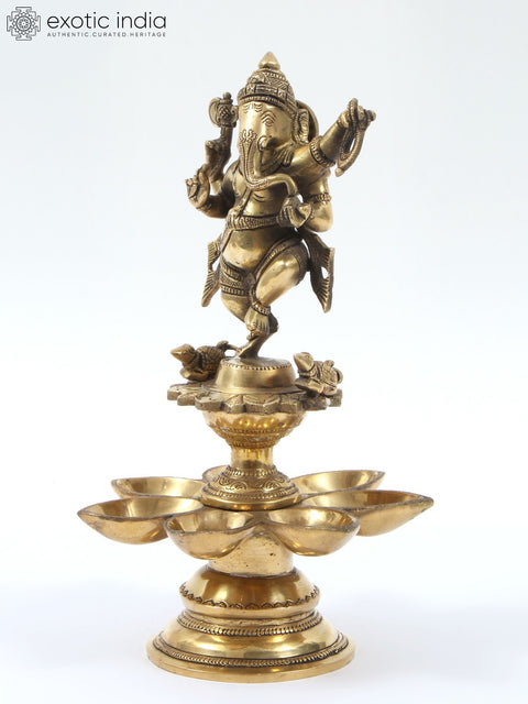 12" Brass Nritya Ganesha Statue on Seven Wicks Oil Lamp