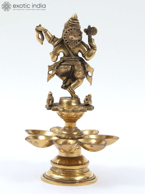 12" Brass Nritya Ganesha Statue on Seven Wicks Oil Lamp