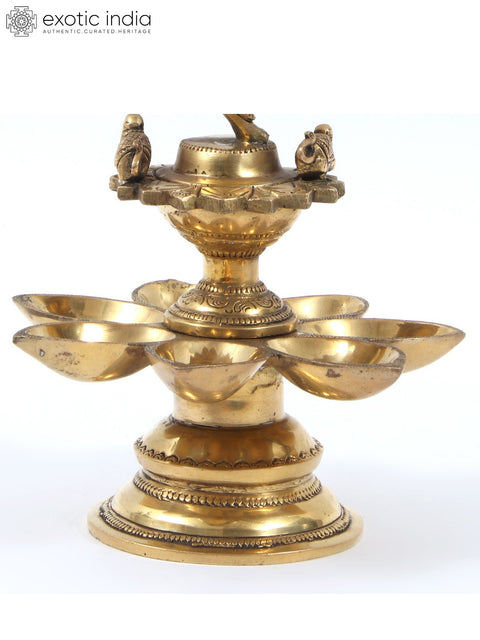 12" Brass Nritya Ganesha Statue on Seven Wicks Oil Lamp