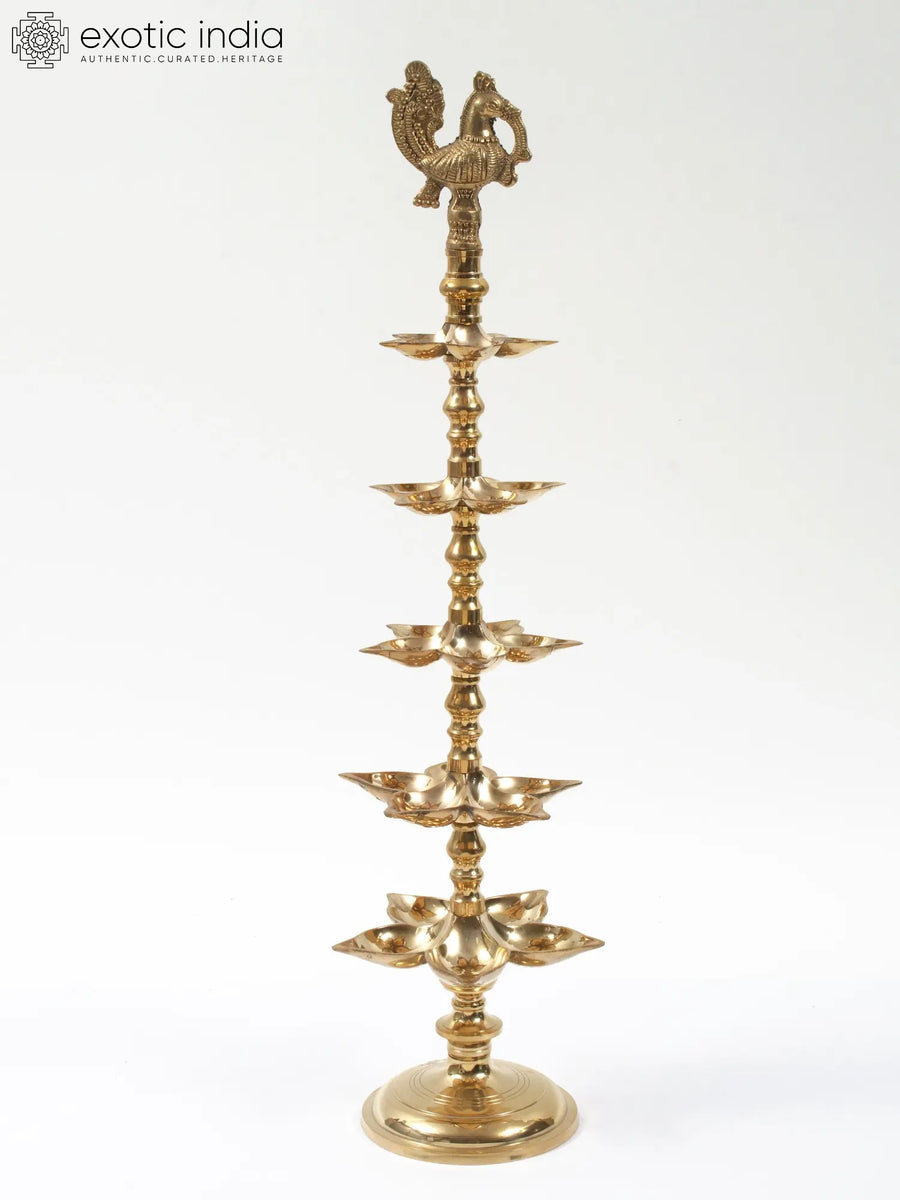 28" Five Layer Peacock Brass Oil Lamp for Pooja