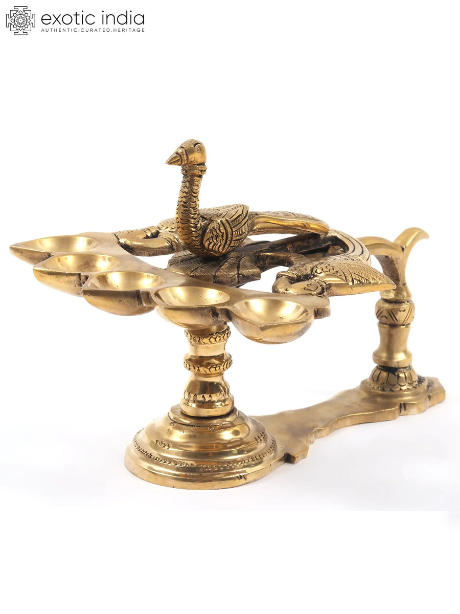 5" Peacock Design Handmade Brass Oil Lamp for Pooja