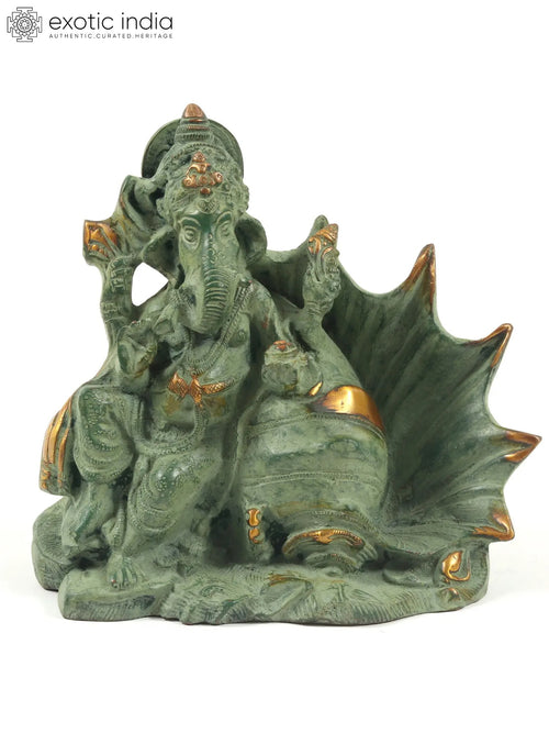 6" Small Lord Ganesha Brass Statue Seated on Conch