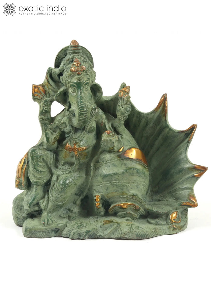 6" Small Lord Ganesha Brass Statue Seated on Conch