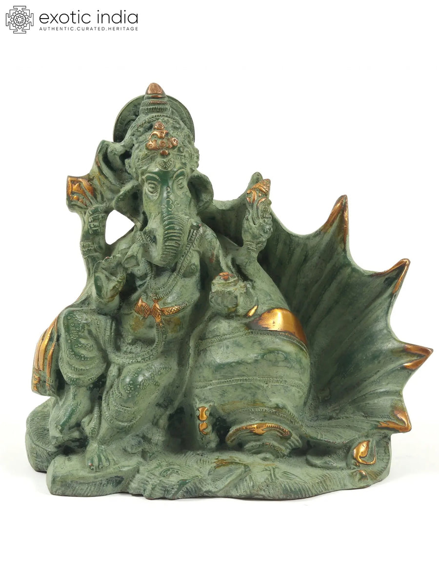 6" Small Lord Ganesha Brass Statue Seated on Conch