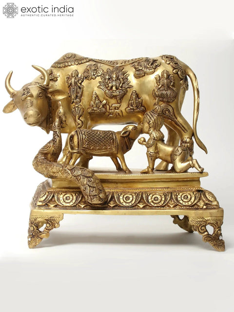 Kamadhenu Cow with Calf & Krishna Figurine | Brass Statue