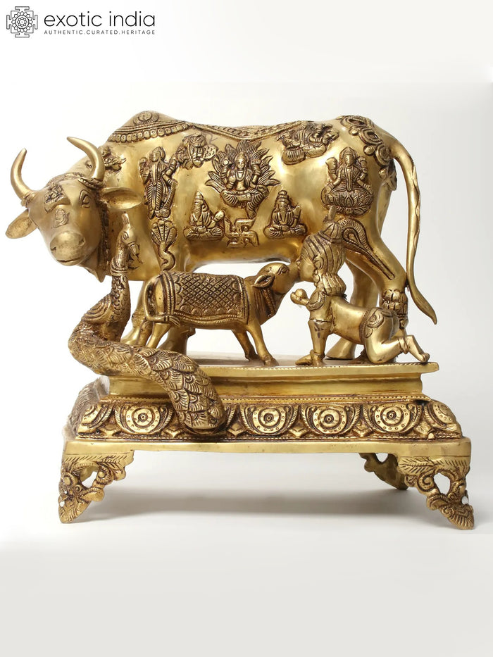 Kamadhenu Cow with Calf and Krishna Handmade Brass Statue