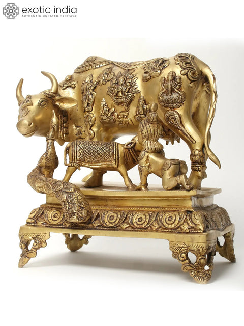 Kamadhenu Cow with Calf & Krishna Figurine | Brass Statue