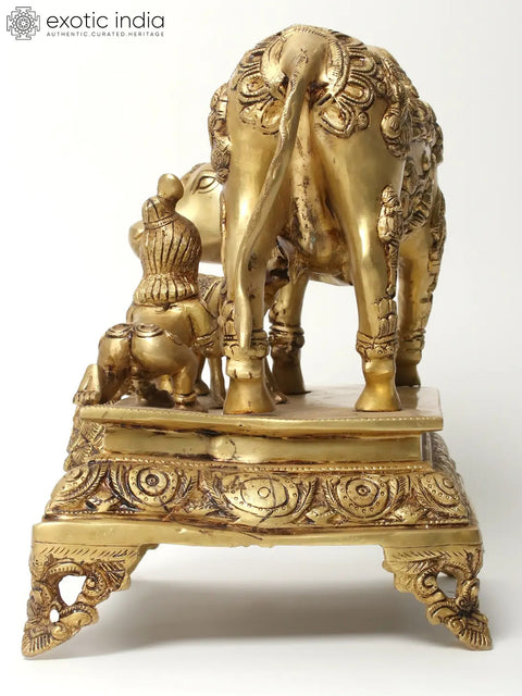 Kamadhenu Cow with Calf & Krishna Figurine | Brass Statue
