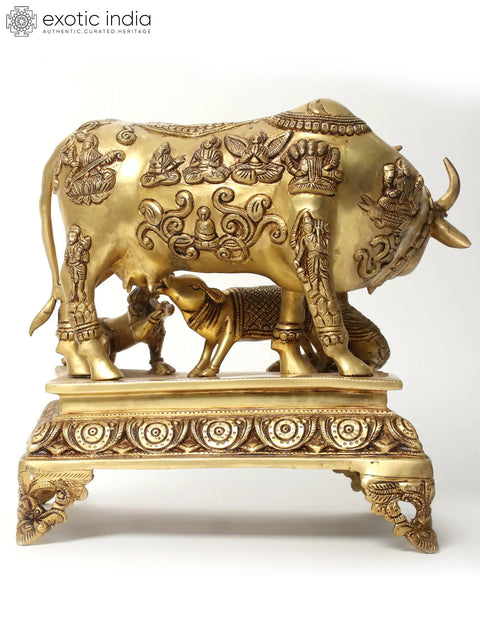 Kamadhenu Cow with Calf & Krishna Figurine | Brass Statue