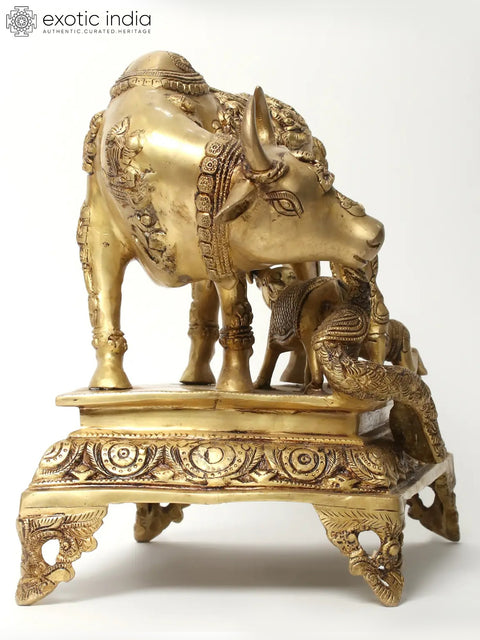 Kamadhenu Cow with Calf & Krishna Figurine | Brass Statue