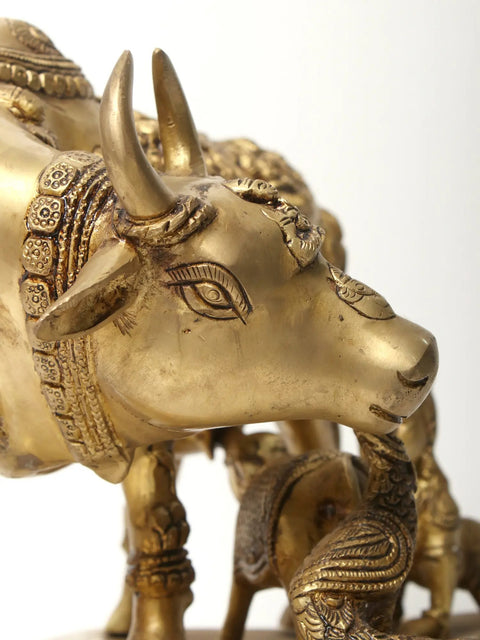 Kamadhenu Cow with Calf & Krishna Figurine | Brass Statue