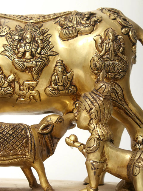 Kamadhenu Cow with Calf & Krishna Figurine | Brass Statue