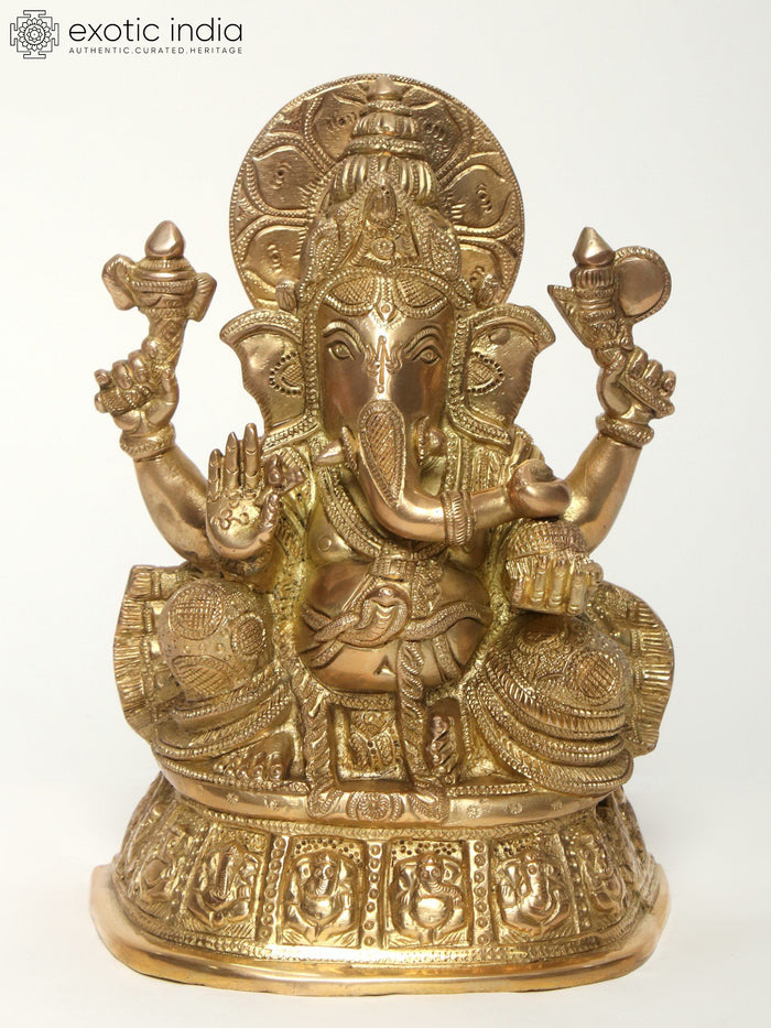 9" Chaturbhuja Lord Ganesha Brass Idol for Pooja