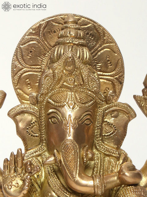 9" Chaturbhuja Lord Ganesha Brass Idol Seated on Pedestal