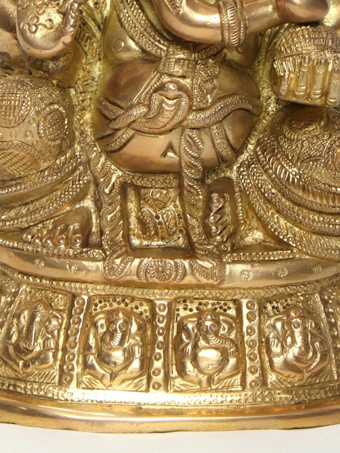 9" Chaturbhuja Lord Ganesha Brass Idol Seated on Pedestal