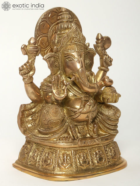 9" Chaturbhuja Lord Ganesha Brass Idol Seated on Pedestal