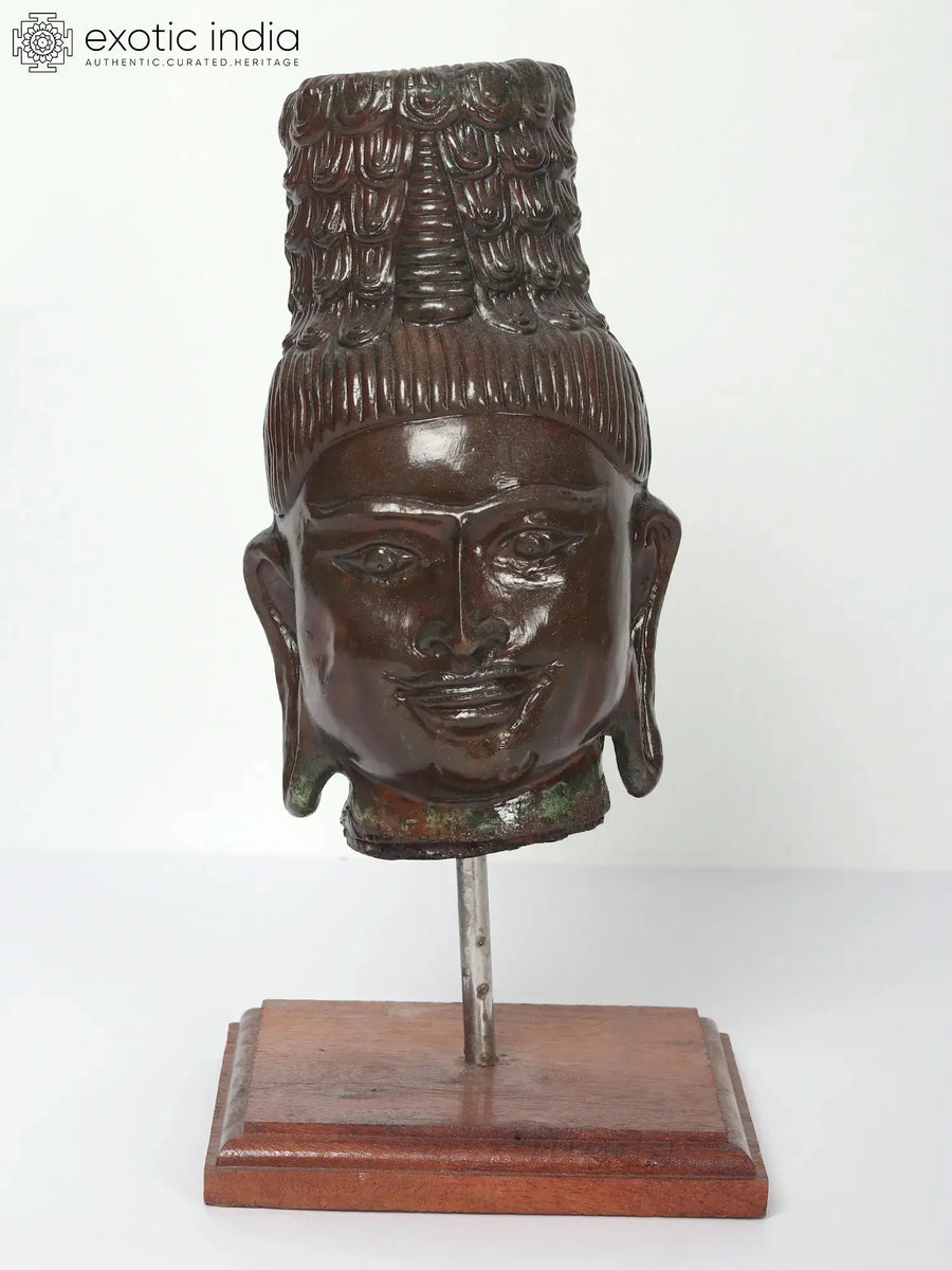 11" Buddha Head Brass Statue On Wooden Stand