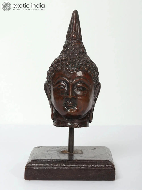 7" Thai Buddha Head Brass Statue on Wooden Stand