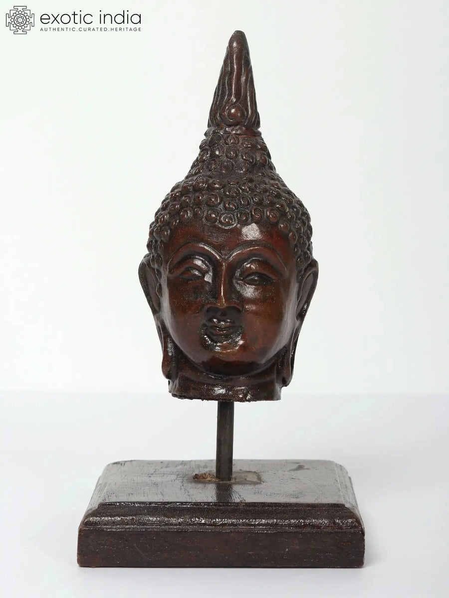 7" Thai Buddha Head Brass Statue on Wooden Stand