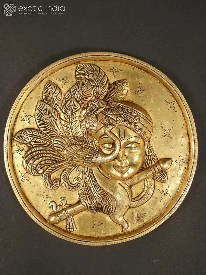 10" Brass Lord Krishna Wall Hanging Plate for Home Decor