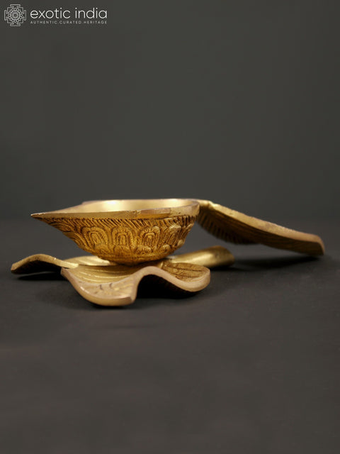 8" Brass Leaf Design Diya | Ritual & Pooja Items
