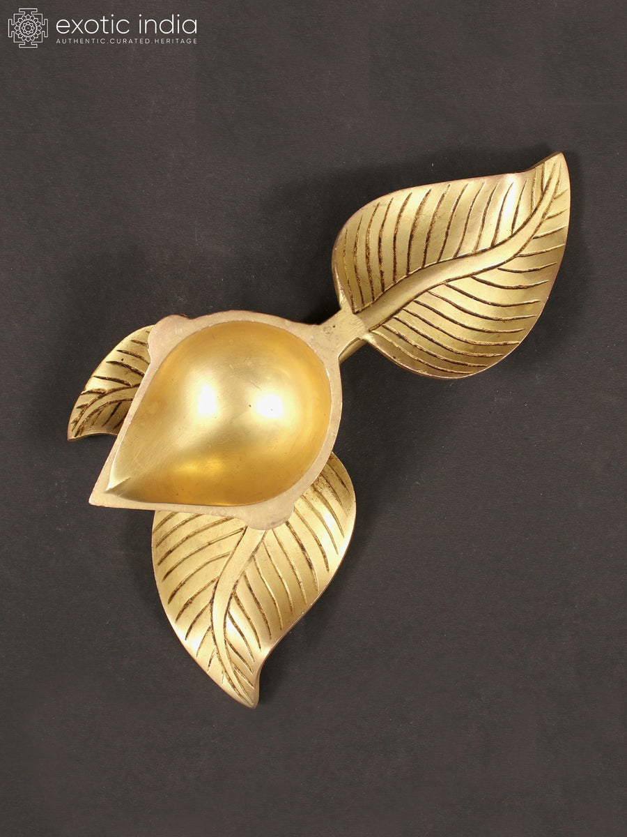 8" Brass Leaf Design Diya for Pooja Rituals