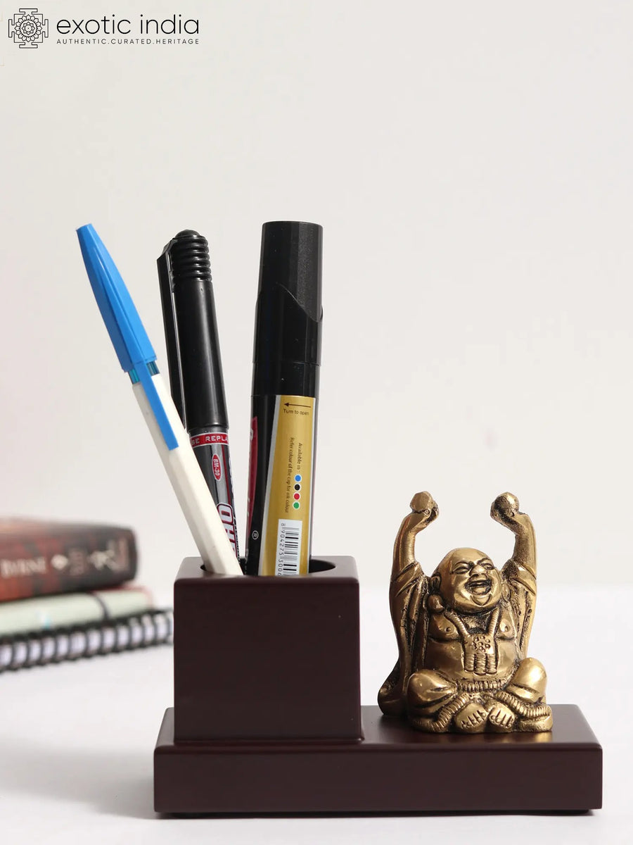 4" Laughing Buddha Brass Pen Stand