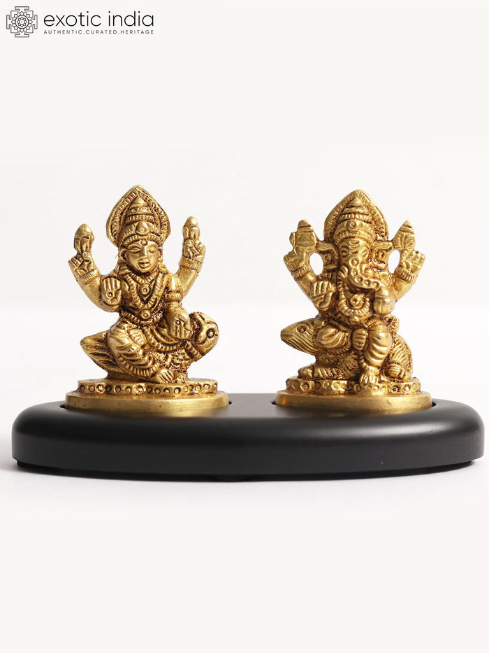 5" Blessing Lakshmi Ganesha Brass Statue on Wooden Base