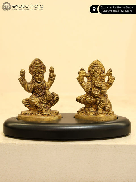 5" Small Blessing Lakshmi Ganesha Statue on Wooden Base