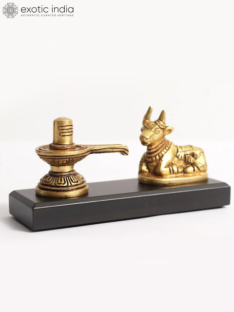 6" Small Shivalinga with Nandi Statue on Wooden Base