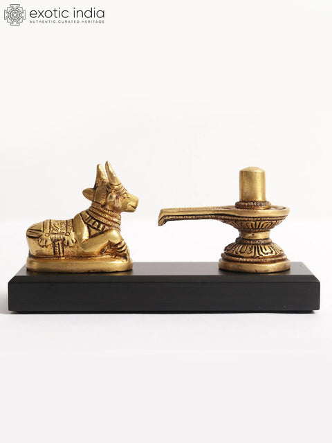 6" Small Shivalinga with Nandi Statue on Wooden Base