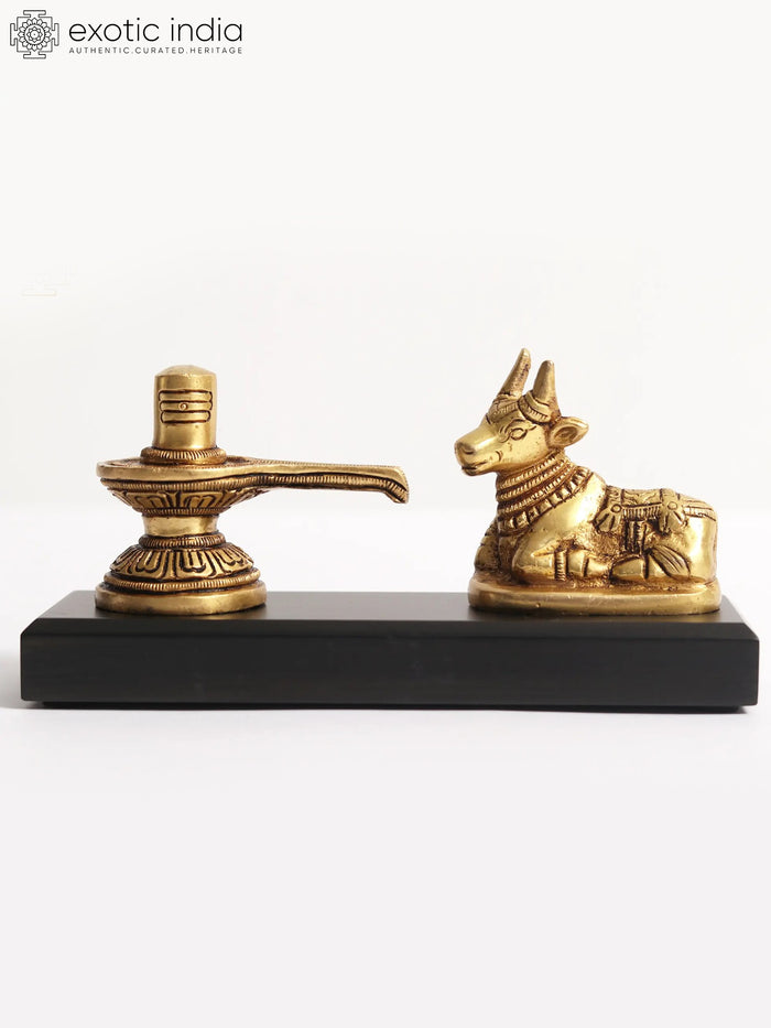 6" Brass Shivalinga with Nandi Statue on Wooden Base