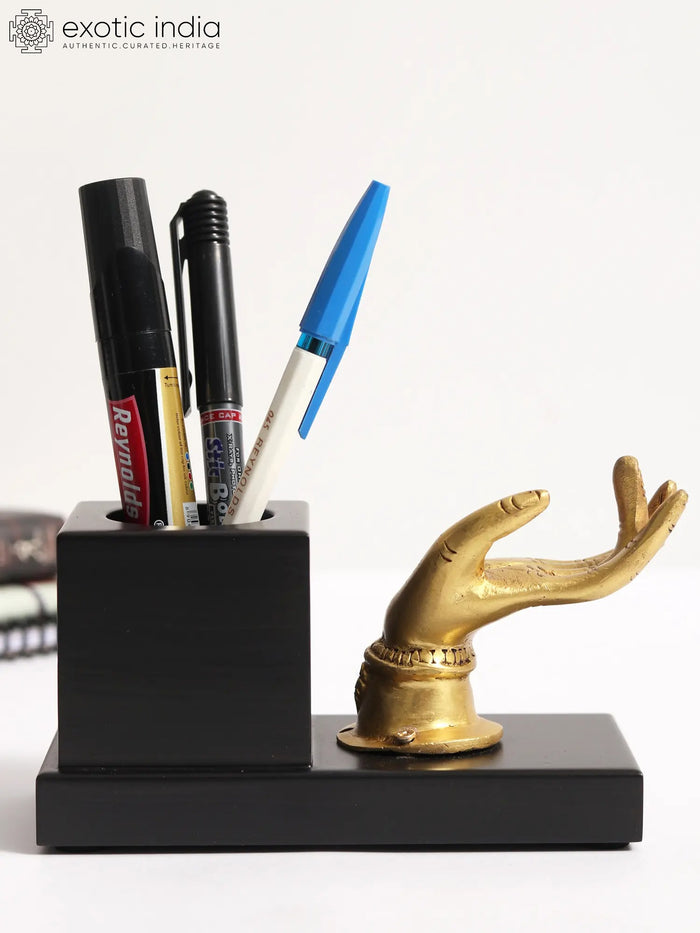 5" Brass Devi Hand Wooden Pen Stand Statue
