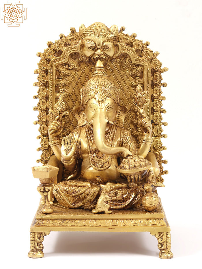 12" Chaturbhuja Ganesha Brass Statue on Kirtimukha Throne