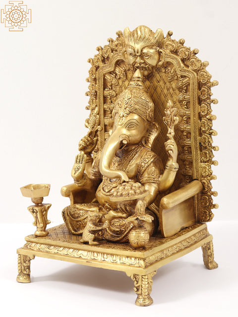 12" Chaturbhuja Ganesha Statue Seated on Kirtimukha Throne