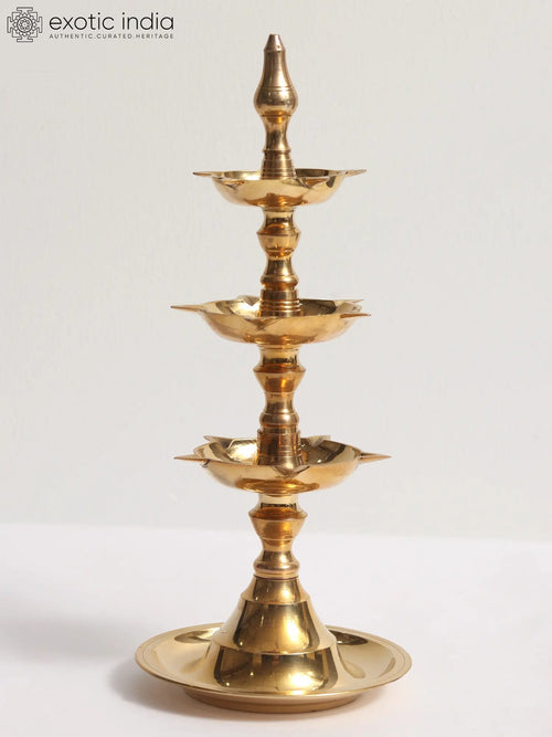 11" Brass Traditional Three Layer Oil Lamp for Pooja