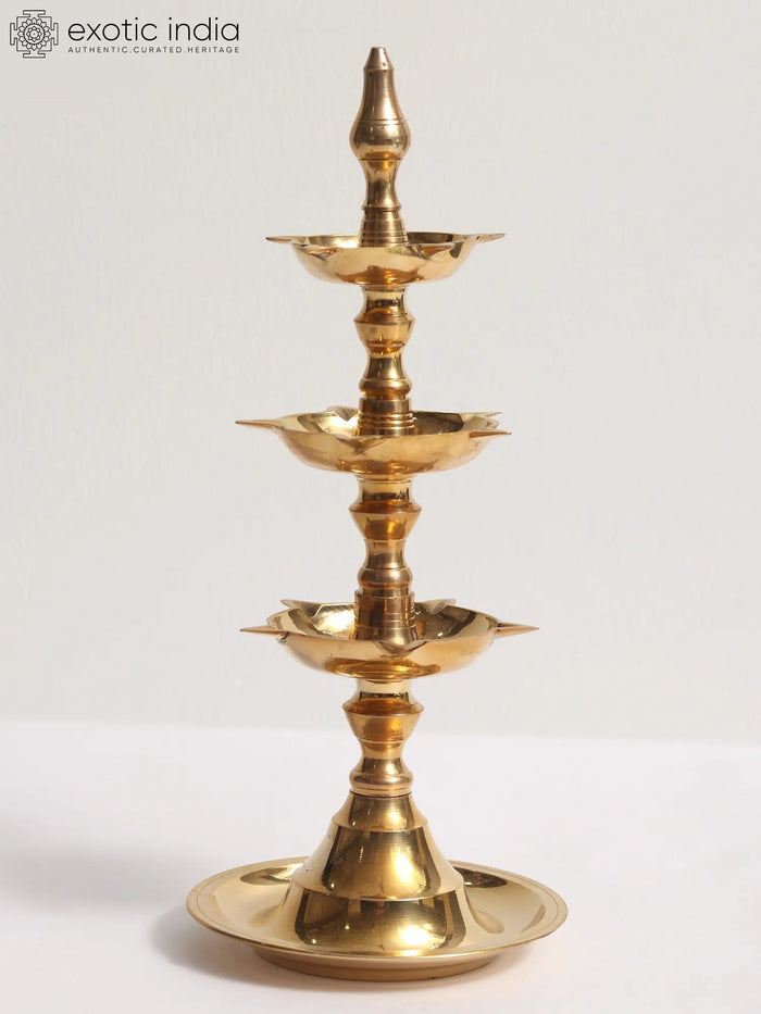 11" Brass Traditional Three Layer Oil Lamp for Pooja