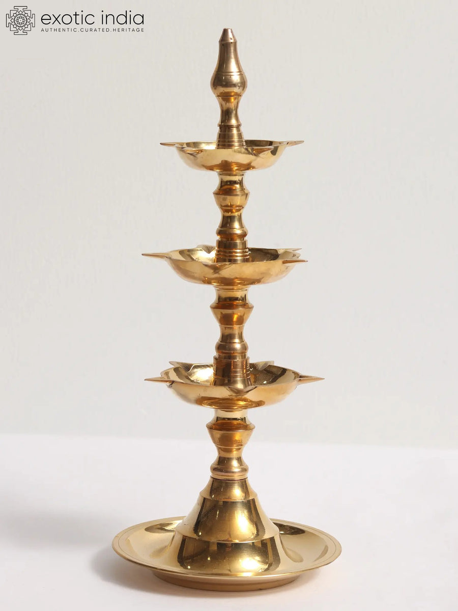 11" Brass Traditional Three Layer Oil Lamp for Pooja