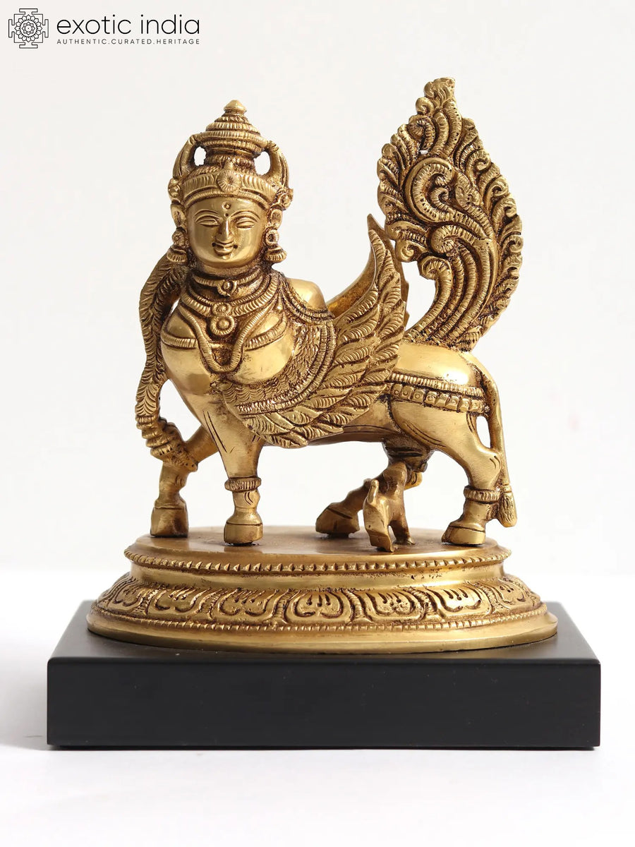 7" Brass Kamadhenu Cow and Calf Statue with Wooden Base